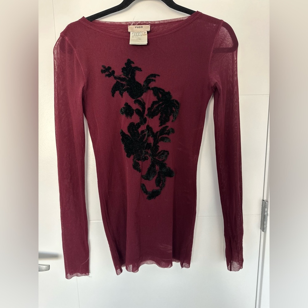 Fuzzi Y2K Sheer Mesh Velvet Floral Top - Made in Italy